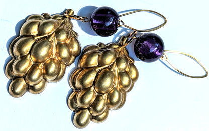 Vintage 3D Brass Grape Earrings + Purple Beads Gay Isber Gift Bag-Gay Isber Designs