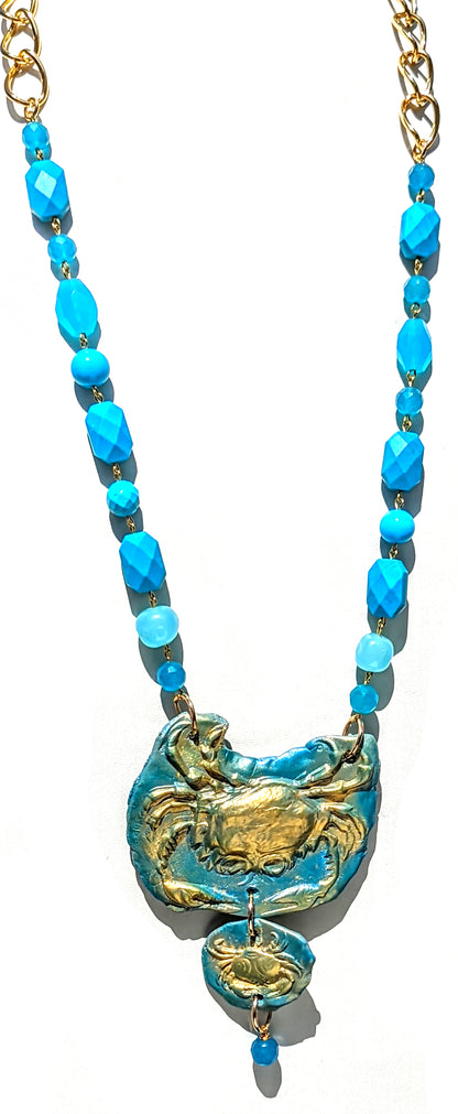 Turqouise Gold Crab Long Beaded Handlinked Necklace by Gay Isber Gift Box-Gay Isber Designs