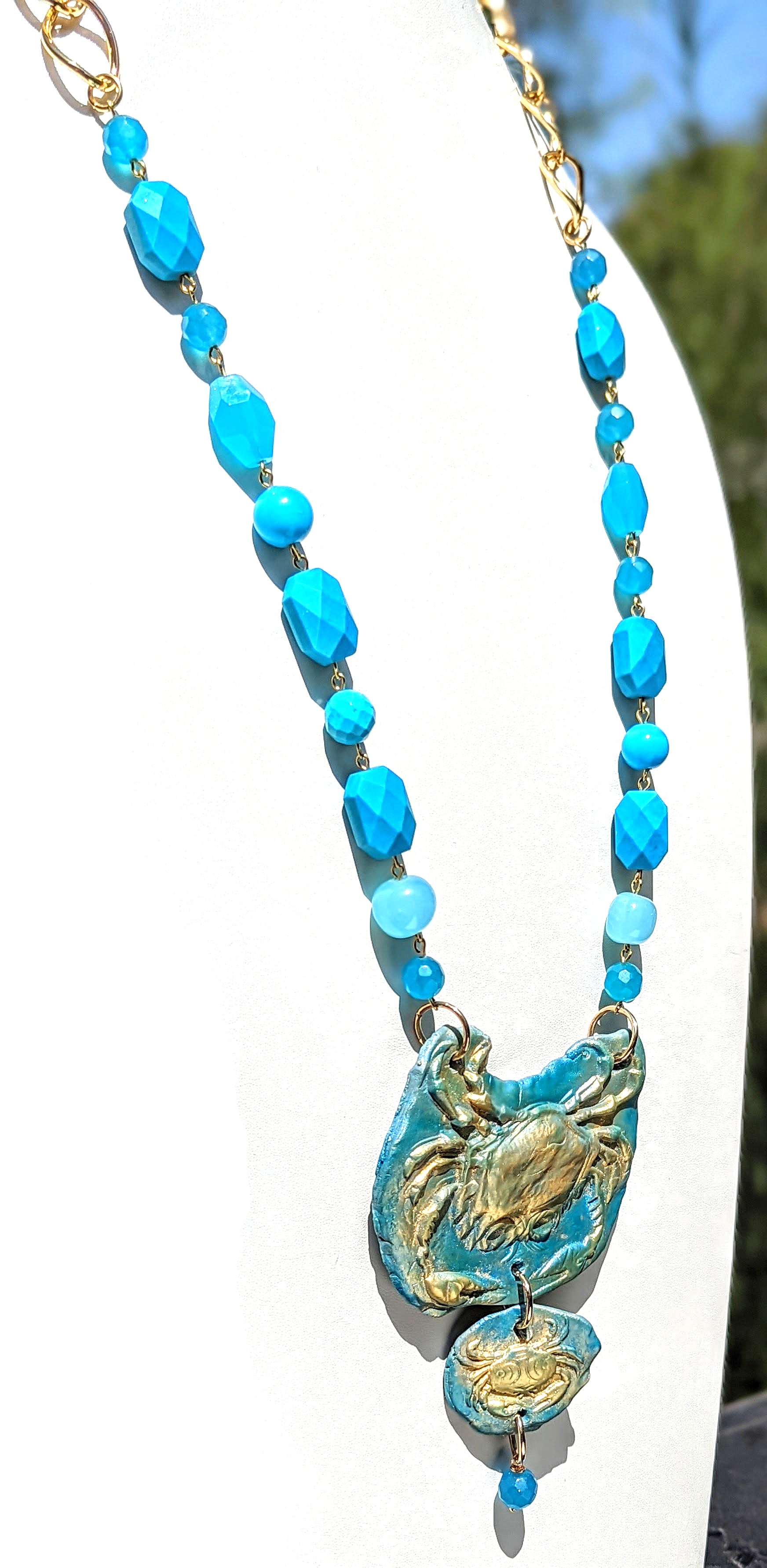 Turqouise Gold Crab Long Beaded Handlinked Necklace by Gay Isber Gift Box-Gay Isber Designs