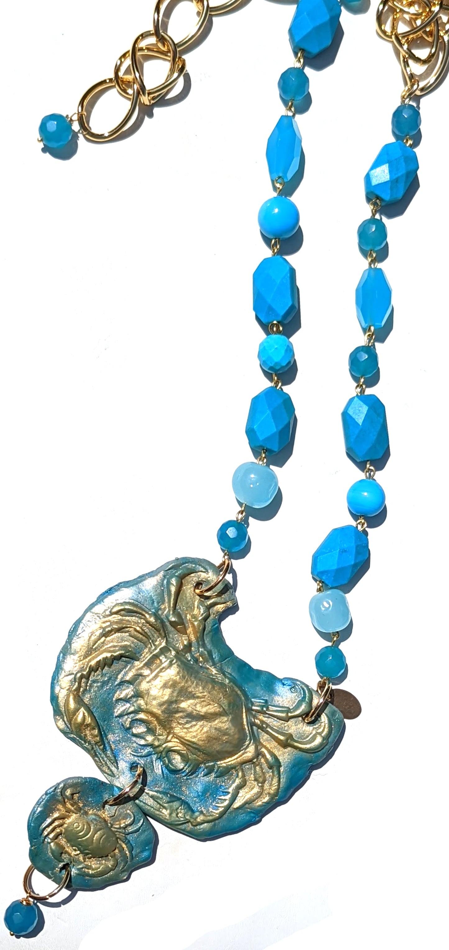 Turqouise Gold Crab Long Beaded Handlinked Necklace by Gay Isber Gift Box-Gay Isber Designs