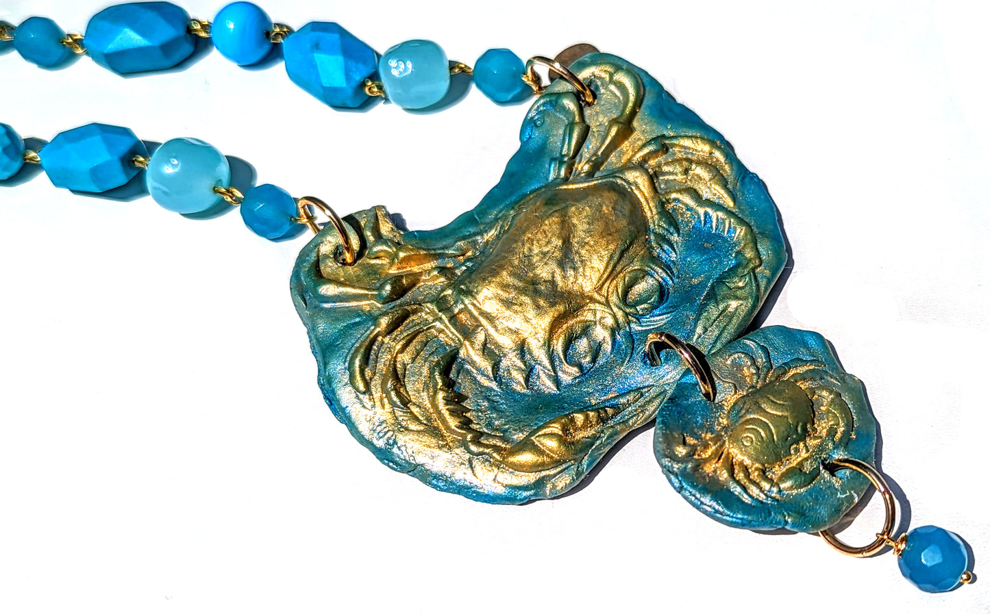 Turqouise Gold Crab Long Beaded Handlinked Necklace by Gay Isber Gift Box-Gay Isber Designs