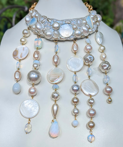 Vintage Pearls Opalite One of a Kind Bib Runway Necklace by Gay Isber-Gay Isber Designs