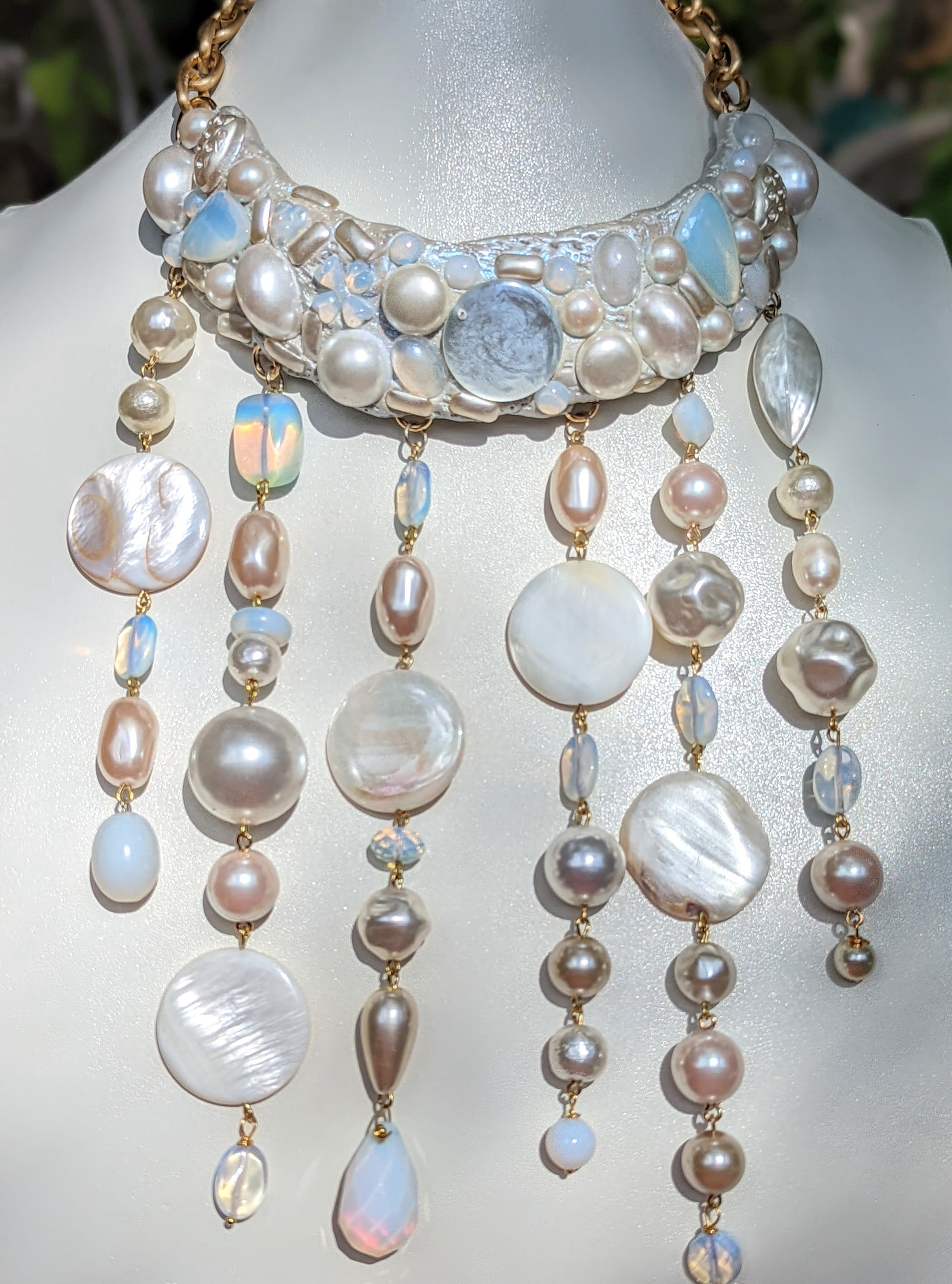 Vintage Pearls Opalite One of a Kind Bib Runway Necklace by Gay Isber-Gay Isber Designs