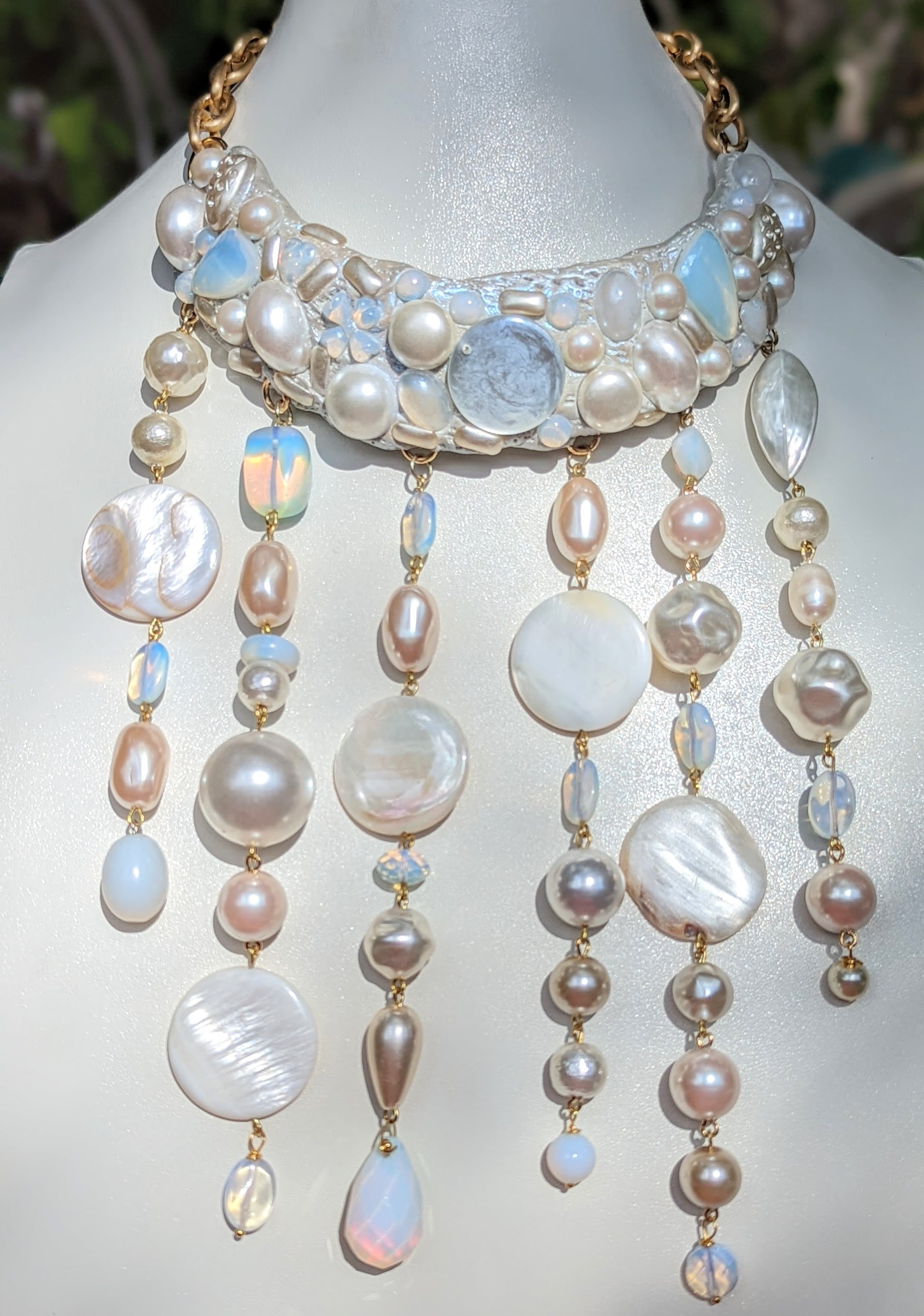 Vintage Pearls Opalite One of a Kind Bib Runway Necklace by Gay Isber-Gay Isber Designs