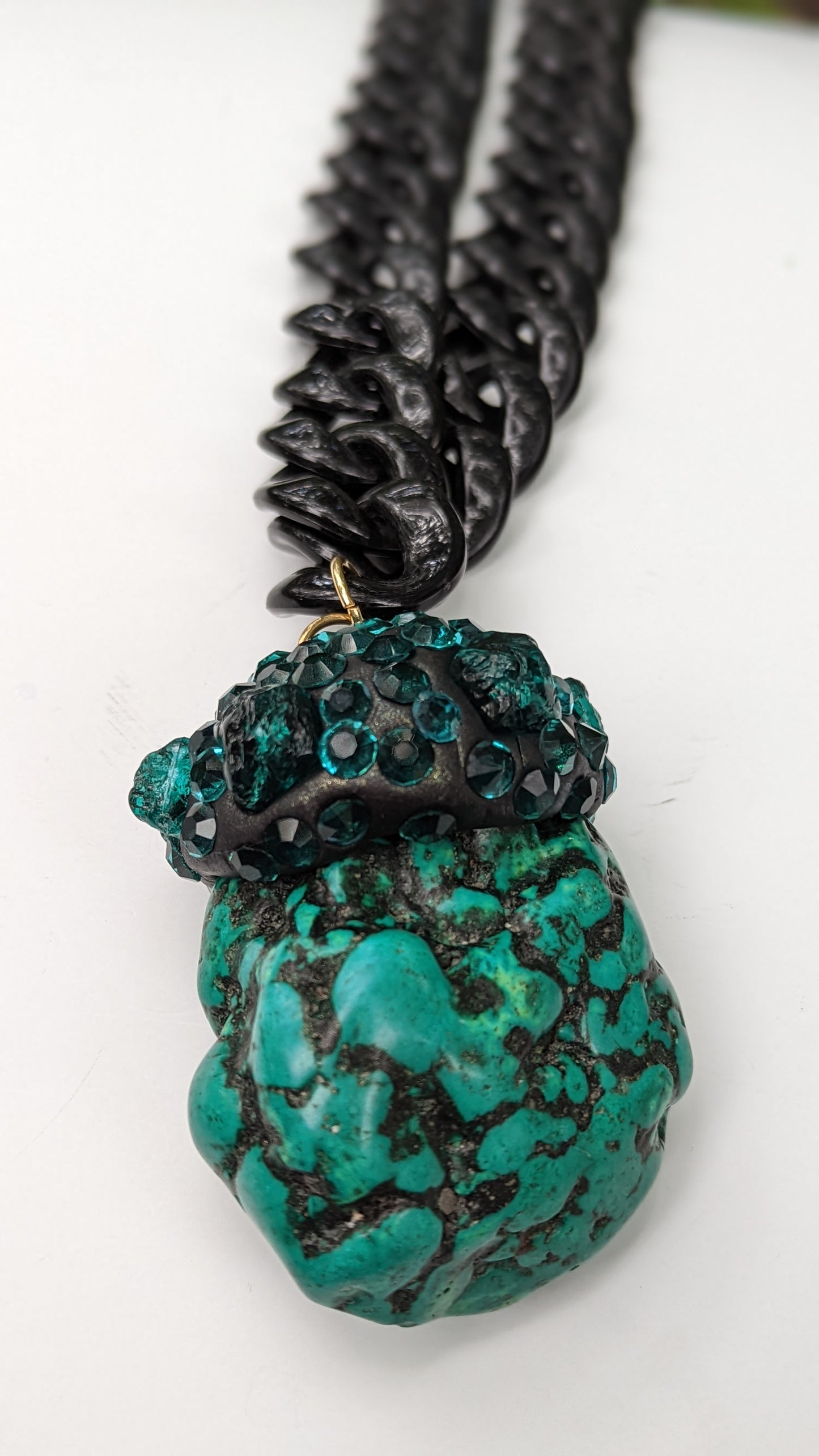 Teal Dark Green Polished Rough Nugget with Vintage Stones WOW Black Chain Necklace Gay Isber Unisex Gift Box-Gay Isber Designs