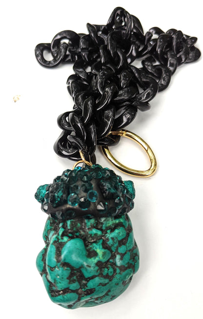 Teal Dark Green Polished Rough Nugget with Vintage Stones WOW Black Chain Necklace Gay Isber Unisex Gift Box-Gay Isber Designs