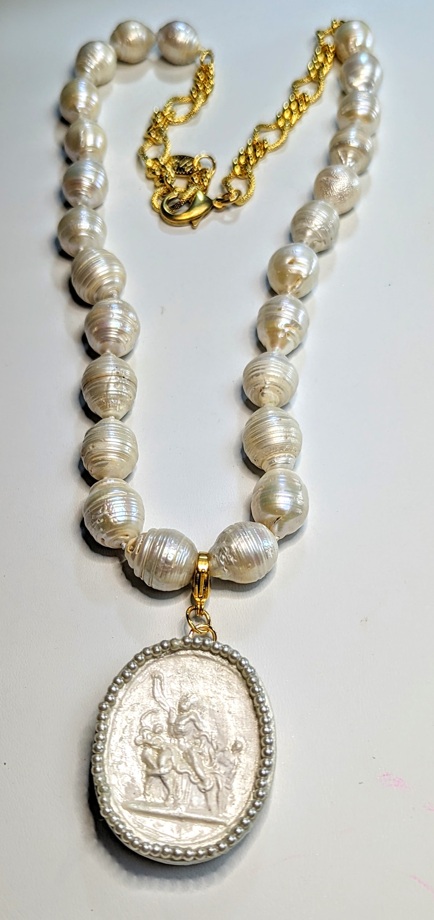 Removable Cameo Plaster Art Pendants + Hand Knotted Baroque Large Pearls Necklace Gay Isber Sister Collection-Gay Isber Designs