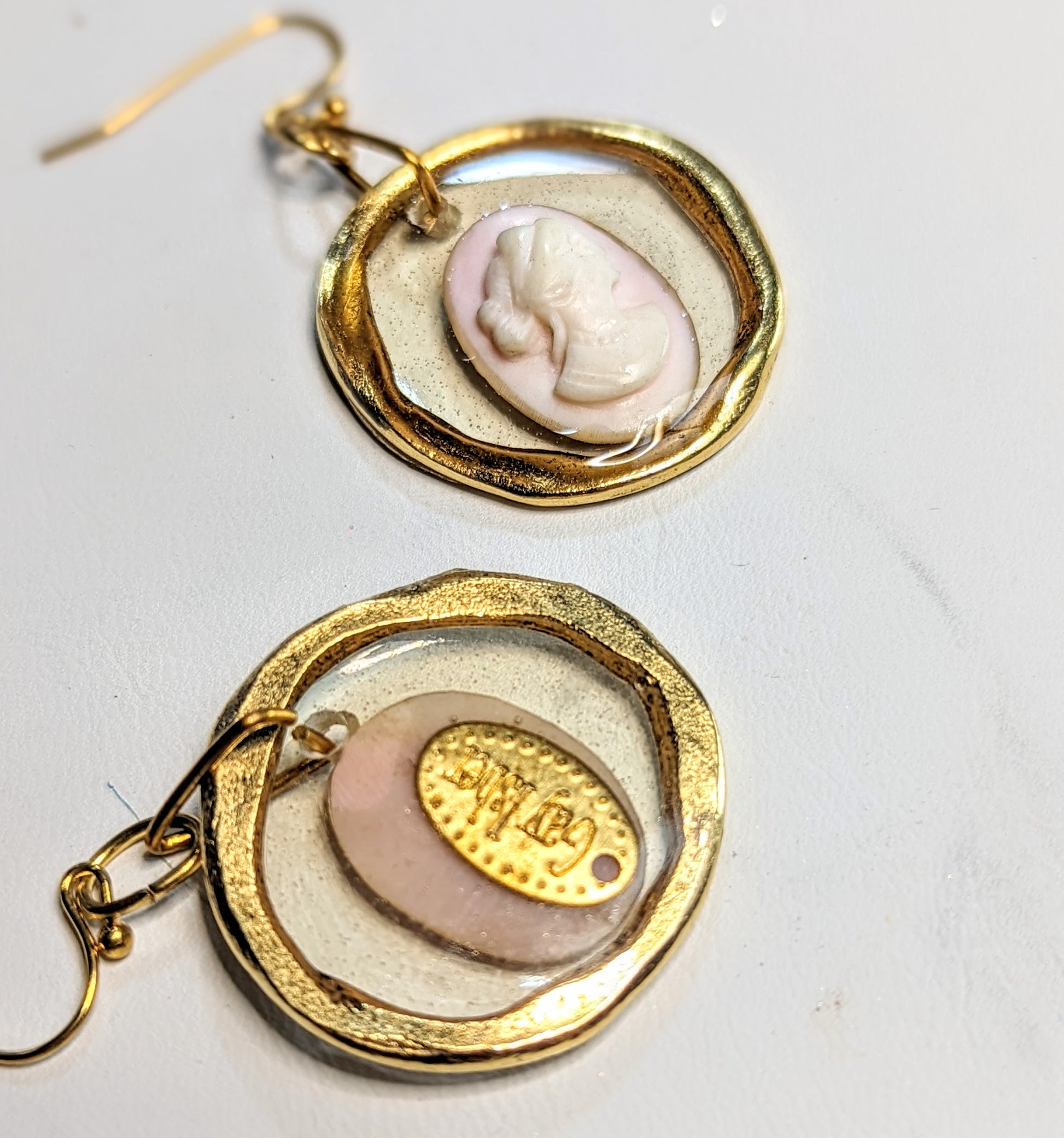 Pink Shell Hand Carved Vintage Cameos set in Resin Earrings Gay Isber Sister Collection-Gay Isber Designs