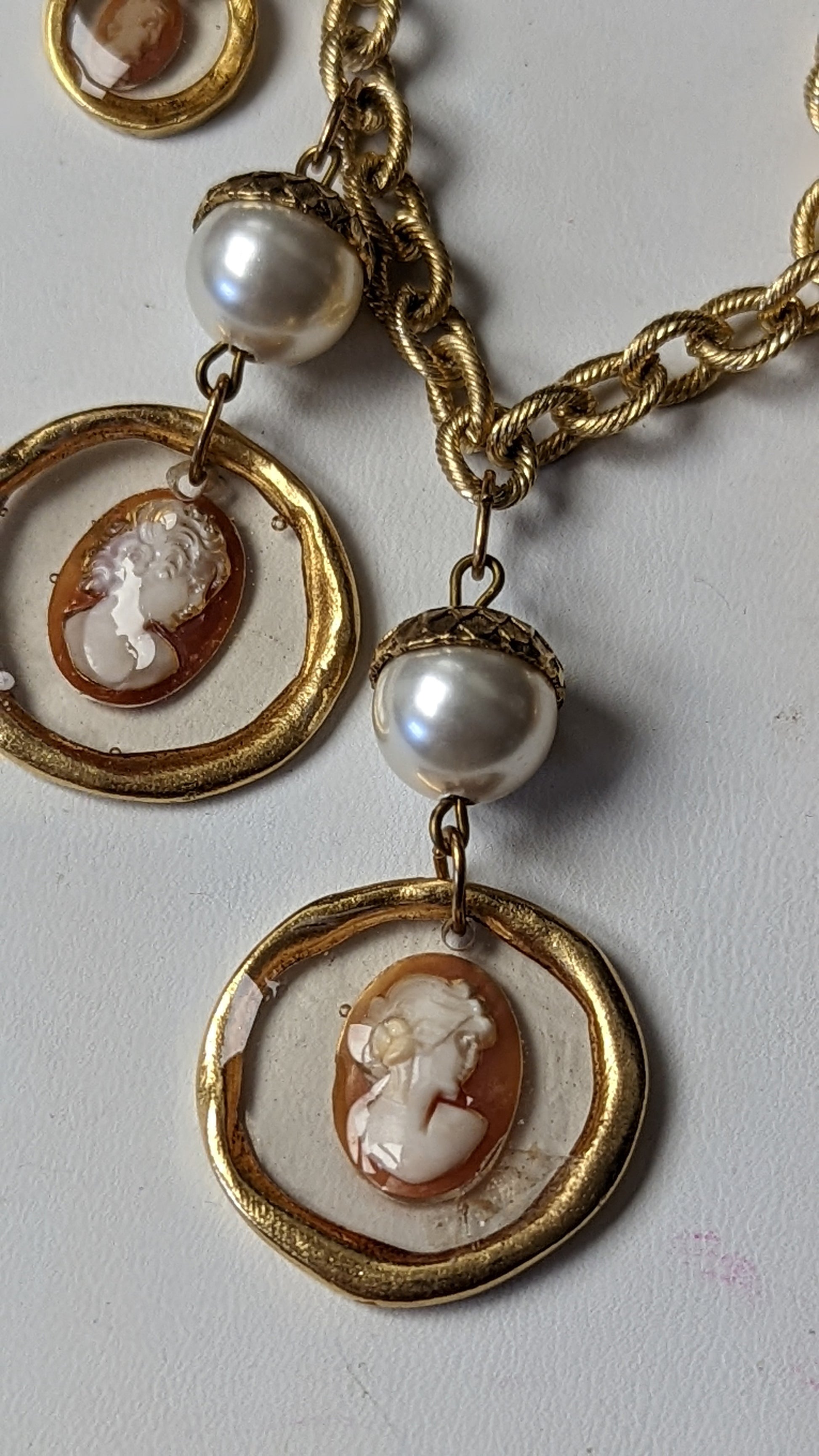 Shell Hand Carved Vintage Cameos set in Clear Resin Necklace Pearls Gay Isber Sister Collection-Gay Isber Designs