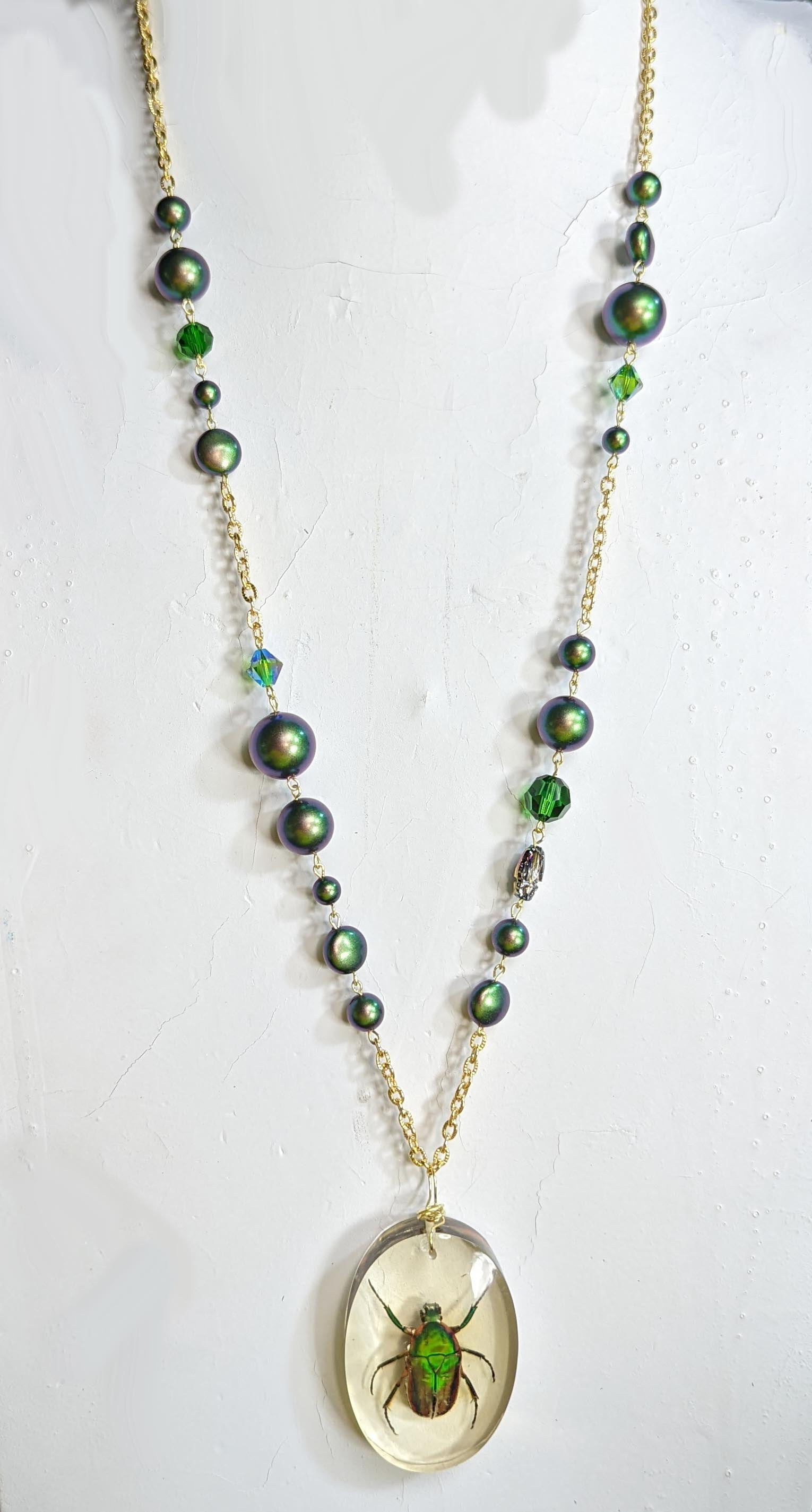 Lucky Scarab Long Swarovski Pearl and Crystal Necklace Scarab in Resin Bug Gay Isber one of a kind USA Made-Gay Isber Designs