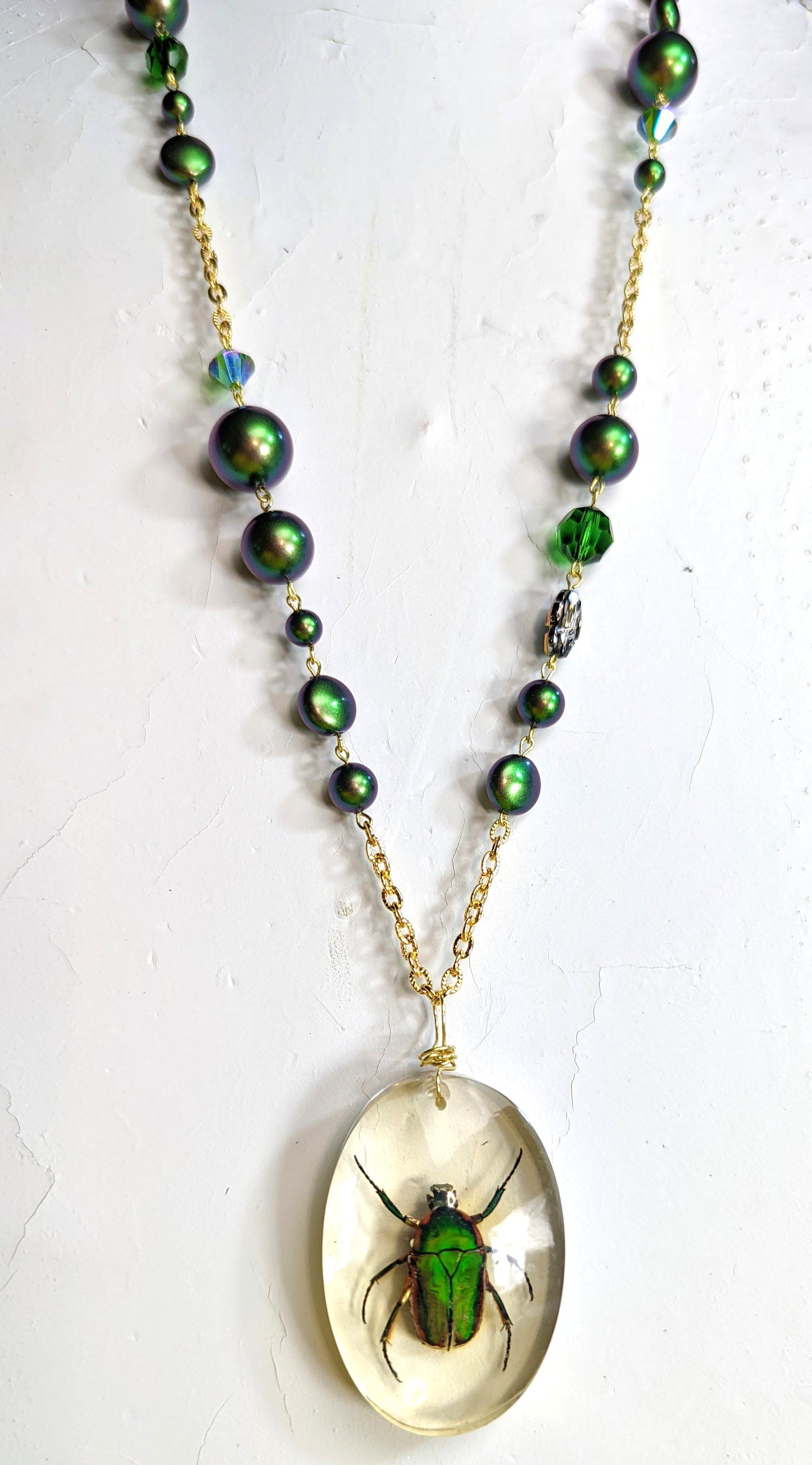 Lucky Scarab Long Swarovski Pearl and Crystal Necklace Scarab in Resin Bug Gay Isber one of a kind USA Made-Gay Isber Designs