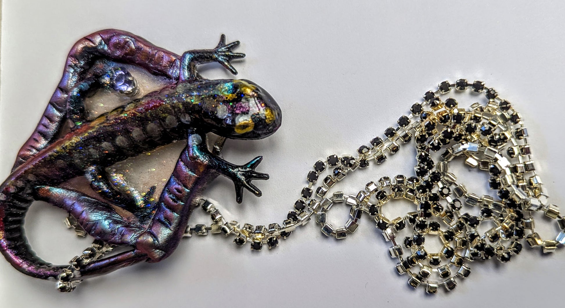 Gecko Salamander Halloween Art Necklace Cupchain Silver Black Crystals Gay Isber one of a kind USA Made 1 of 1 unisex-Gay Isber Designs