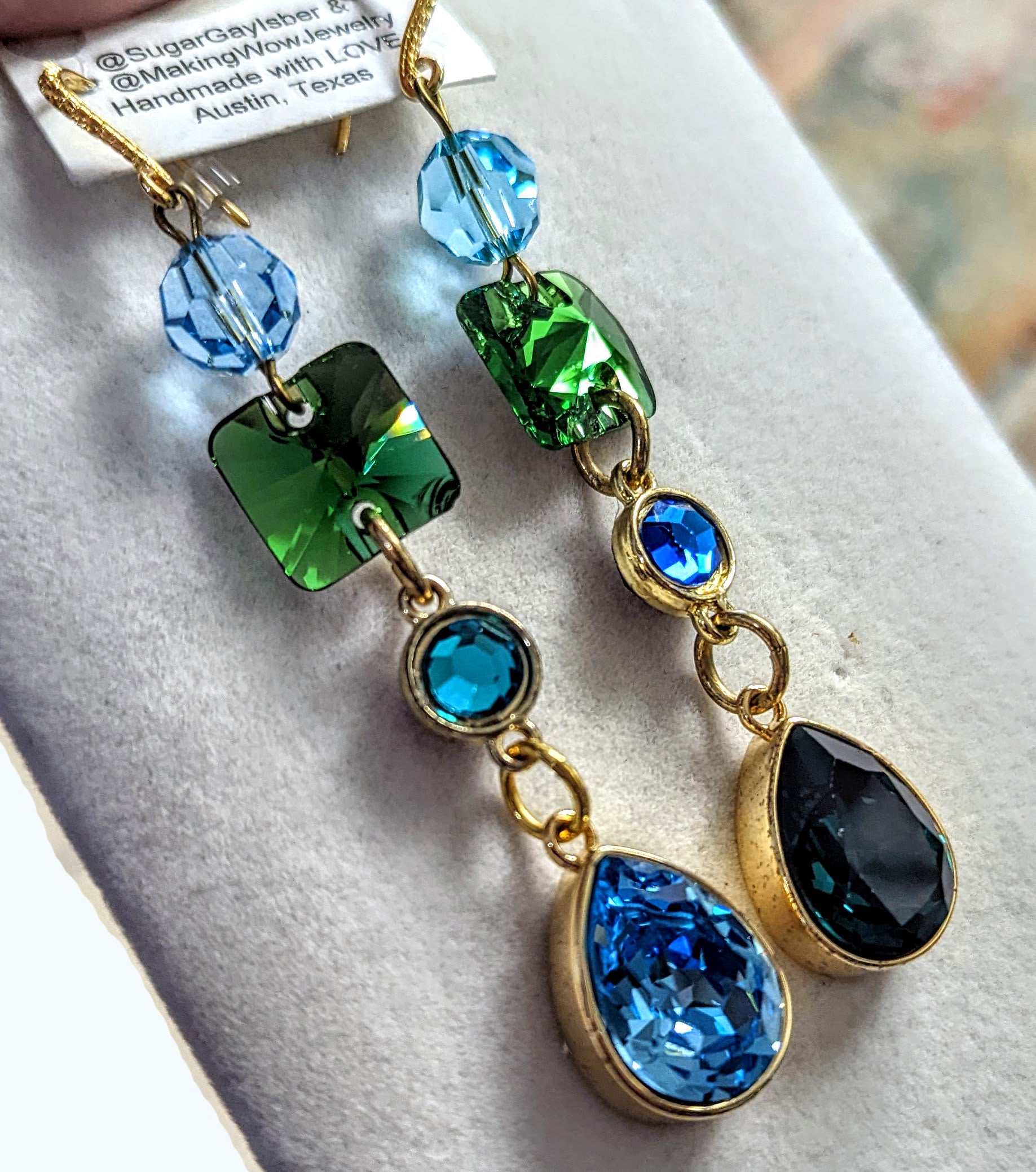 Swarovski Earrings Sparkle in multi colors Emerald, Light Turquoise, Fern Green, Capri Blue + Gold plated settings Gay Isber one of one-Gay Isber Designs