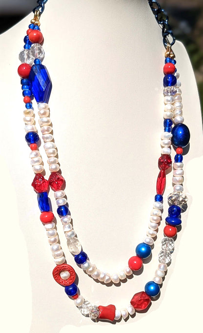 Election Collection Pearls 2 strands Red White Blue Statement Necklace 24 inches Gay Isber-Gay Isber Designs