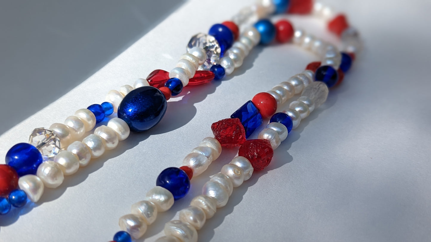 Election Collection Pearls 2 strands Red White Blue Statement Necklace 24 inches Gay Isber-Gay Isber Designs