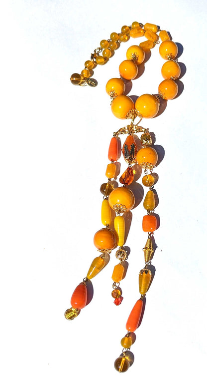 Mustard Cotton Pearls Long Tassle Necklace Gay Isber one of a kind USA-Gay Isber Designs