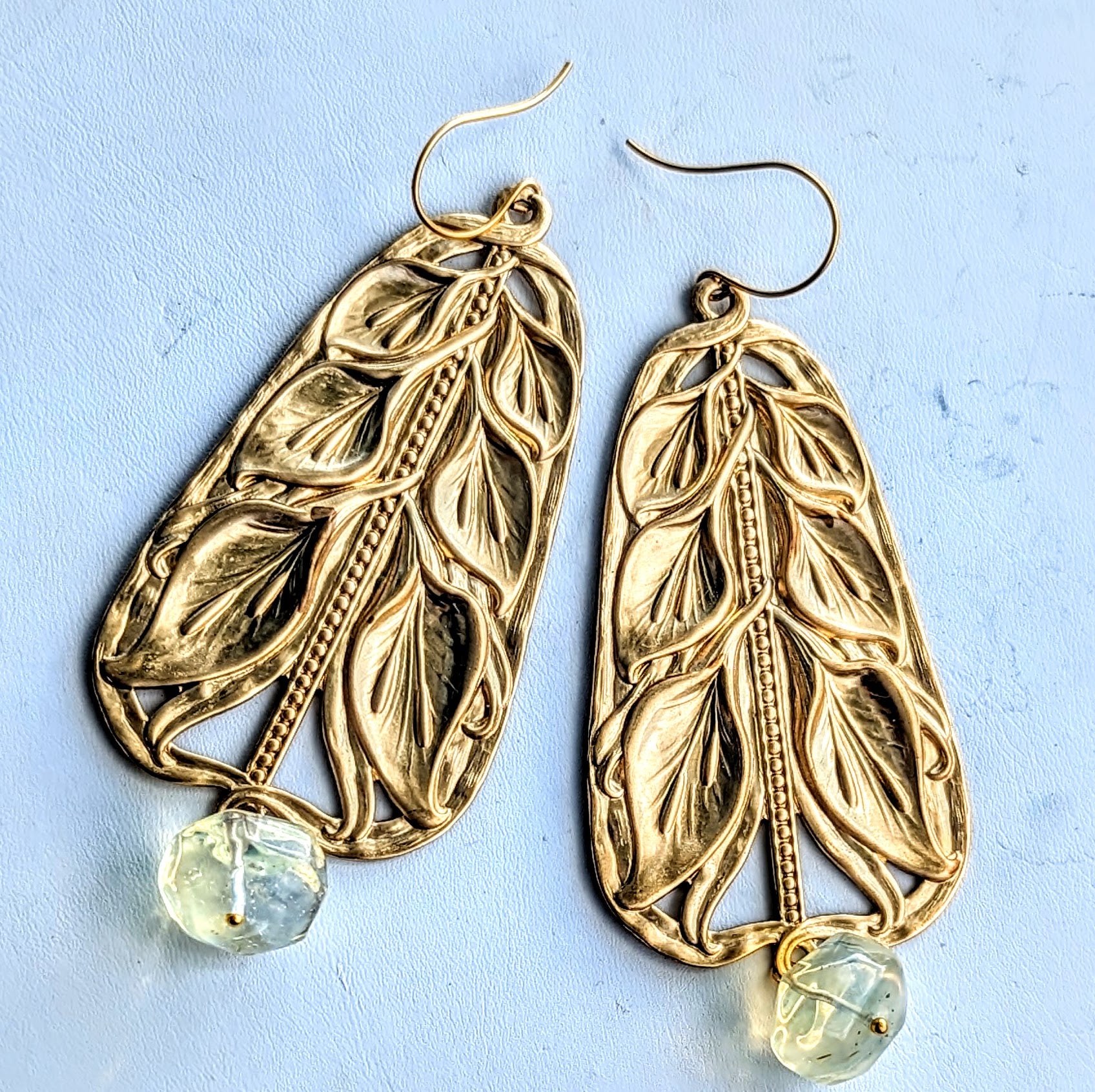 Art Nouveau Style Brass Pressings Pineapple Quartz Amazing XL Earrings Gay Isber-Gay Isber Designs