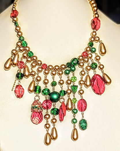 Red Green Holiday Vintage Gold Pearls + Swarovski Sparkle WOW Art Necklace Gay Isber USA 1 of 1-Gay Isber Designs