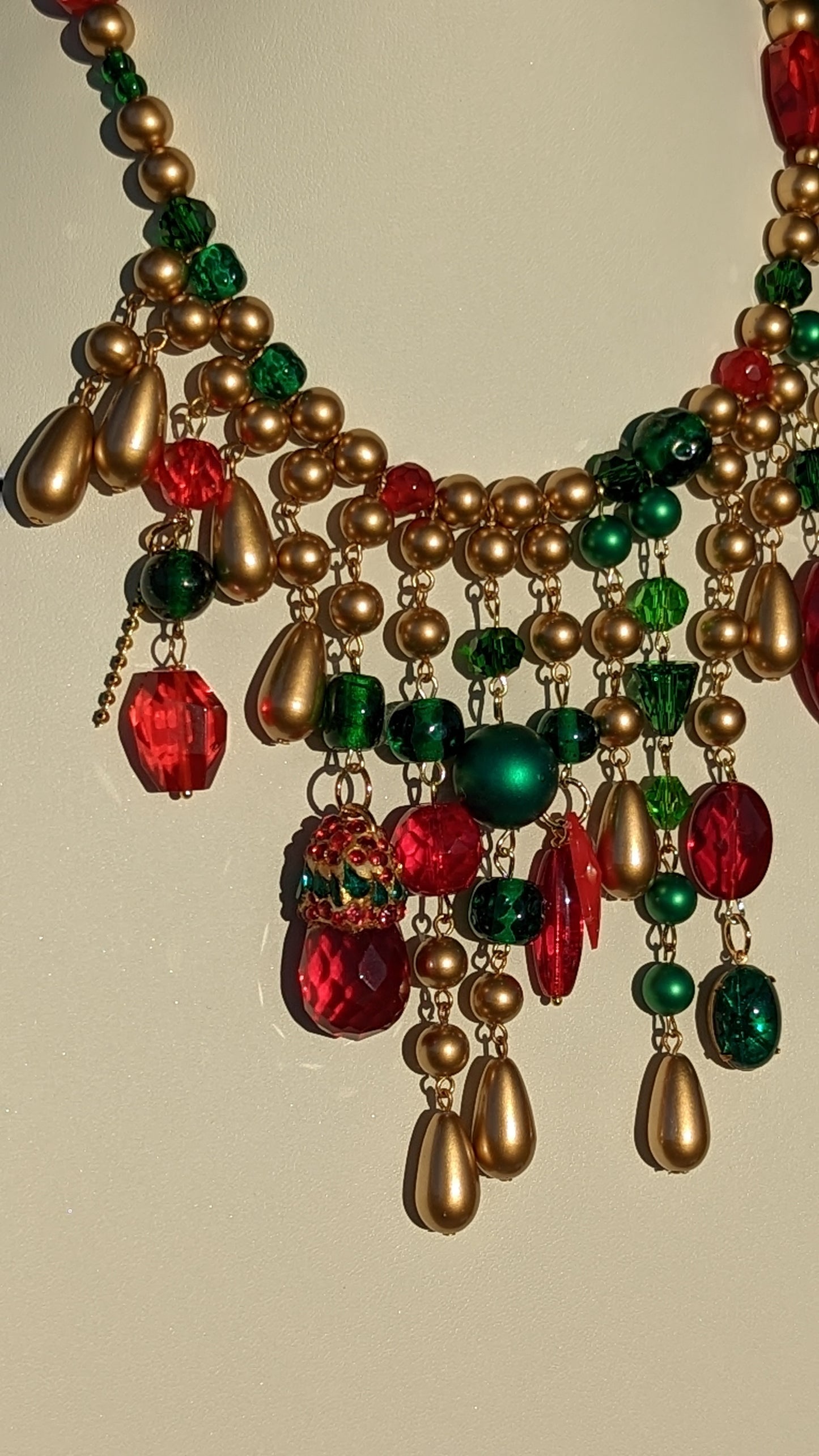 Red Green Holiday Vintage Gold Pearls + Swarovski Sparkle WOW Art Necklace Gay Isber USA 1 of 1-Gay Isber Designs