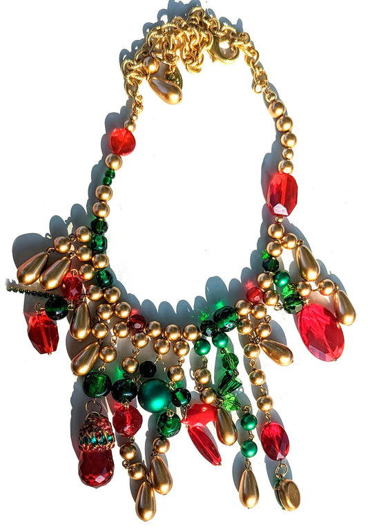 Red Green Holiday Vintage Gold Pearls + Swarovski Sparkle WOW Art Necklace Gay Isber USA 1 of 1-Gay Isber Designs