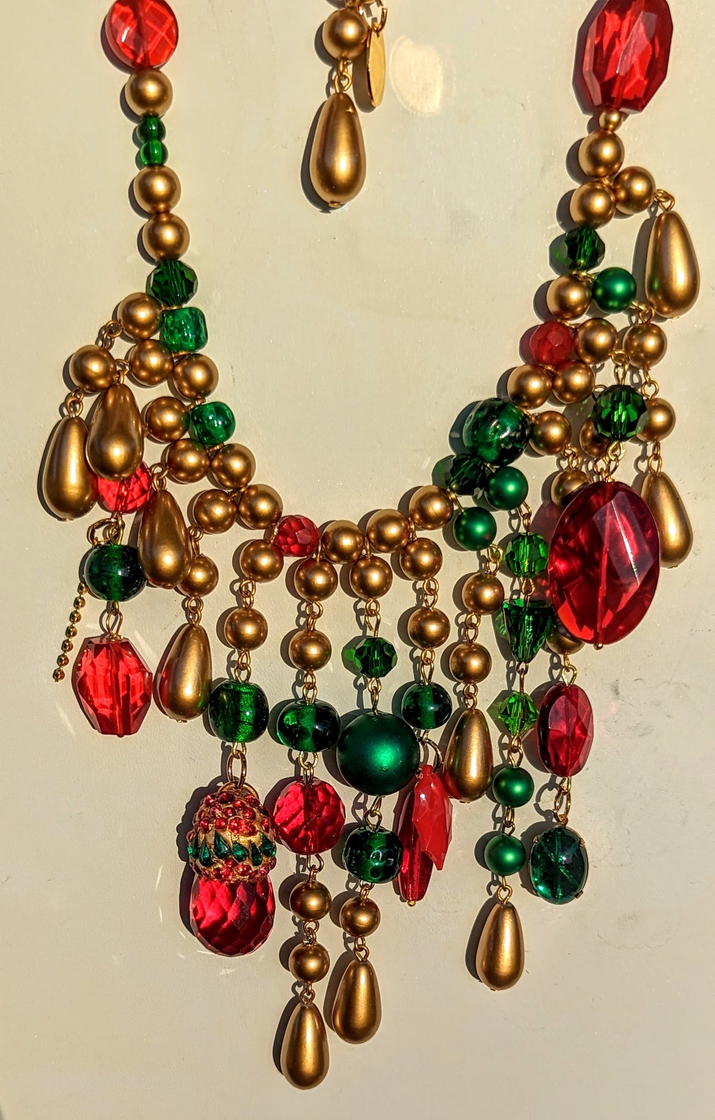 Red Green Holiday Vintage Gold Pearls + Swarovski Sparkle WOW Art Necklace Gay Isber USA 1 of 1-Gay Isber Designs