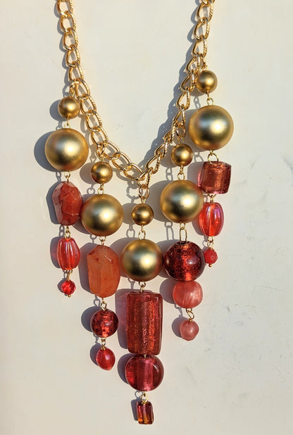 Beautiful Pinks Coral Orange + Gold beads Statement Art Necklace Gay Isber USA 1 of 1-Gay Isber Designs