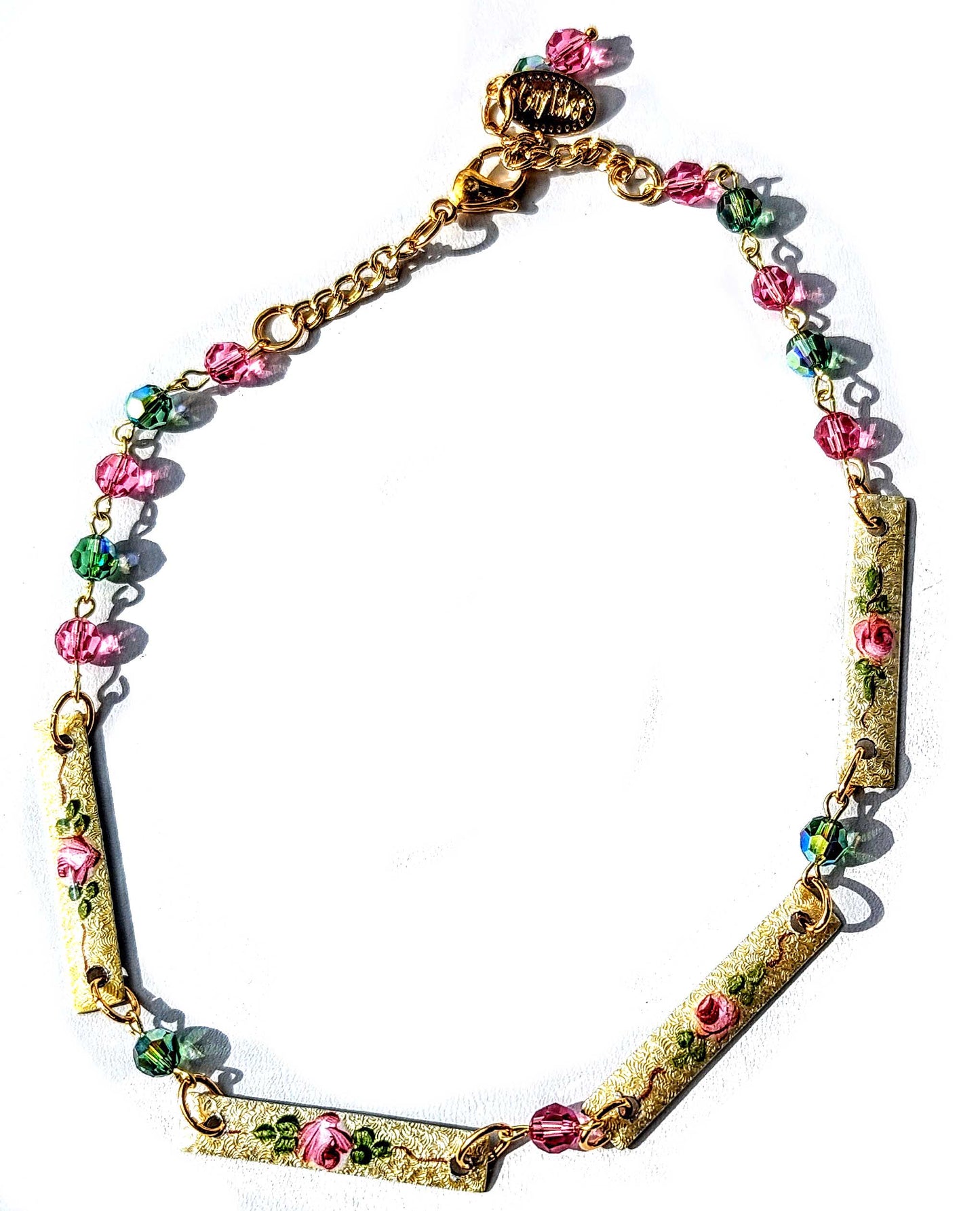 Sugar Baby Vintage Guilloche Enamel Roses + Swarovski Green Pink Beads Handlinked 16 inch Necklace Gay Isber-Gay Isber Designs