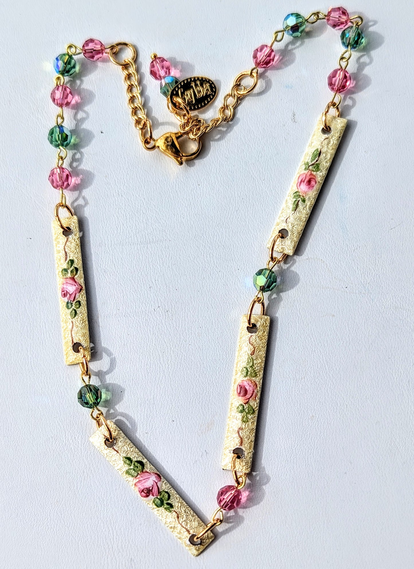 Sugar Baby Vintage Guilloche Enamel Roses + Swarovski Green Pink Beads Handlinked 16 inch Necklace Gay Isber-Gay Isber Designs