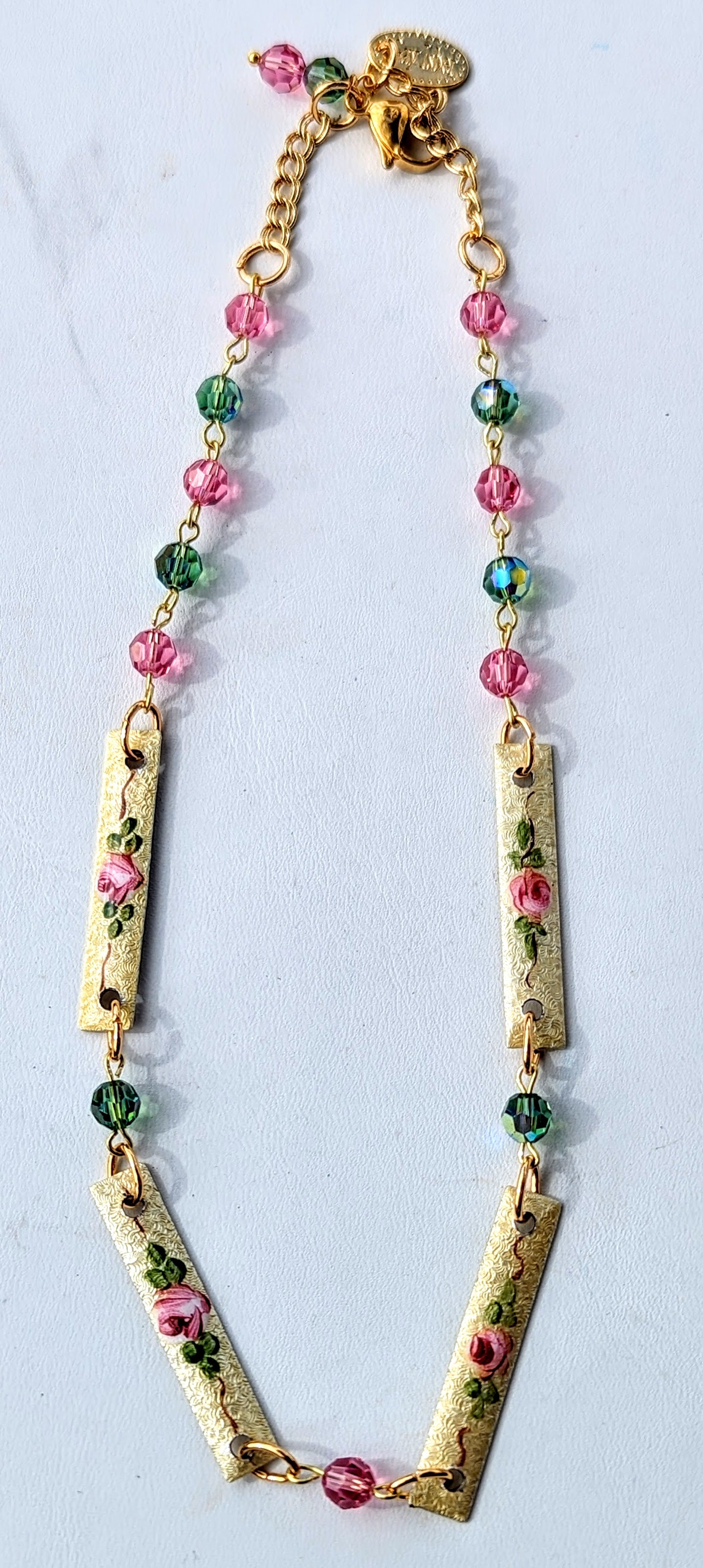 Sugar Baby Vintage Guilloche Enamel Roses + Swarovski Green Pink Beads Handlinked 16 inch Necklace Gay Isber-Gay Isber Designs