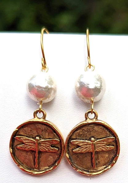 Dragonfly Gold Plated with Cotton Pearls Handmade USA Sustainable Earrings Gay Isber-Gay Isber Designs