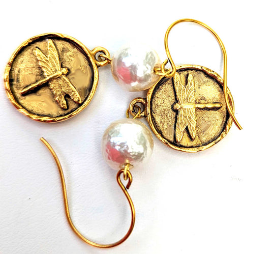 Dragonfly Gold Plated with Cotton Pearls Handmade USA Sustainable Earrings Gay Isber-Gay Isber Designs