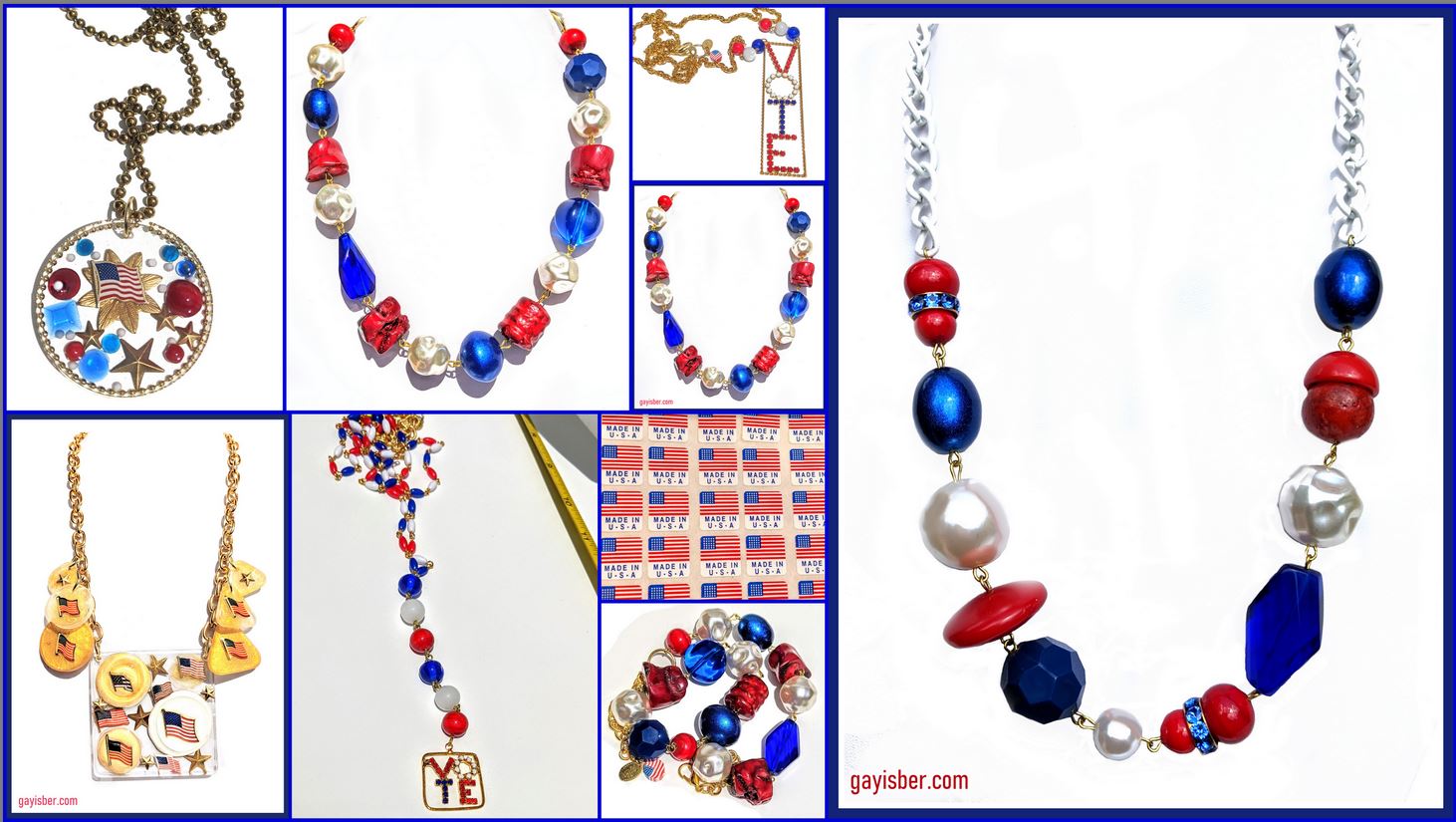 Election Collection Red White Blue VOTE Simple Toggle Necklace Vintage White Chain By Gay Isber-Gay Isber Designs