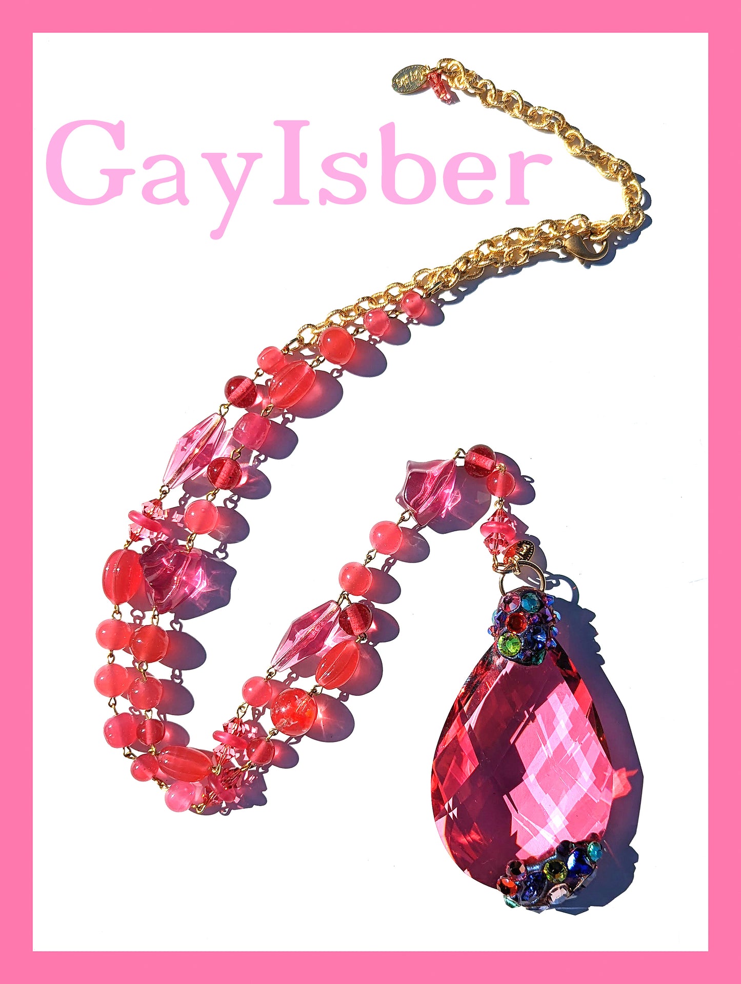 Giant HOT PINK Czech Crystal + Swarovski Drama Drop 1 of 1 handlinked vintage beads Gay Isber Necklace-Gay Isber Designs