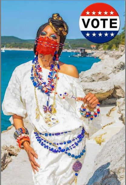 Election Collection Long T Necklace Swarovski VOTE Red White Blue Vintage Beads Handlinked 30 inch Necklace Gay Isber-Gay Isber Designs