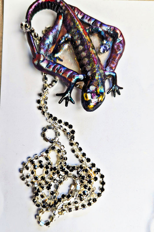 Gecko Salamander Halloween Art Necklace Cupchain Silver Black Crystals Gay Isber one of a kind USA Made 1 of 1 unisex-Gay Isber Designs