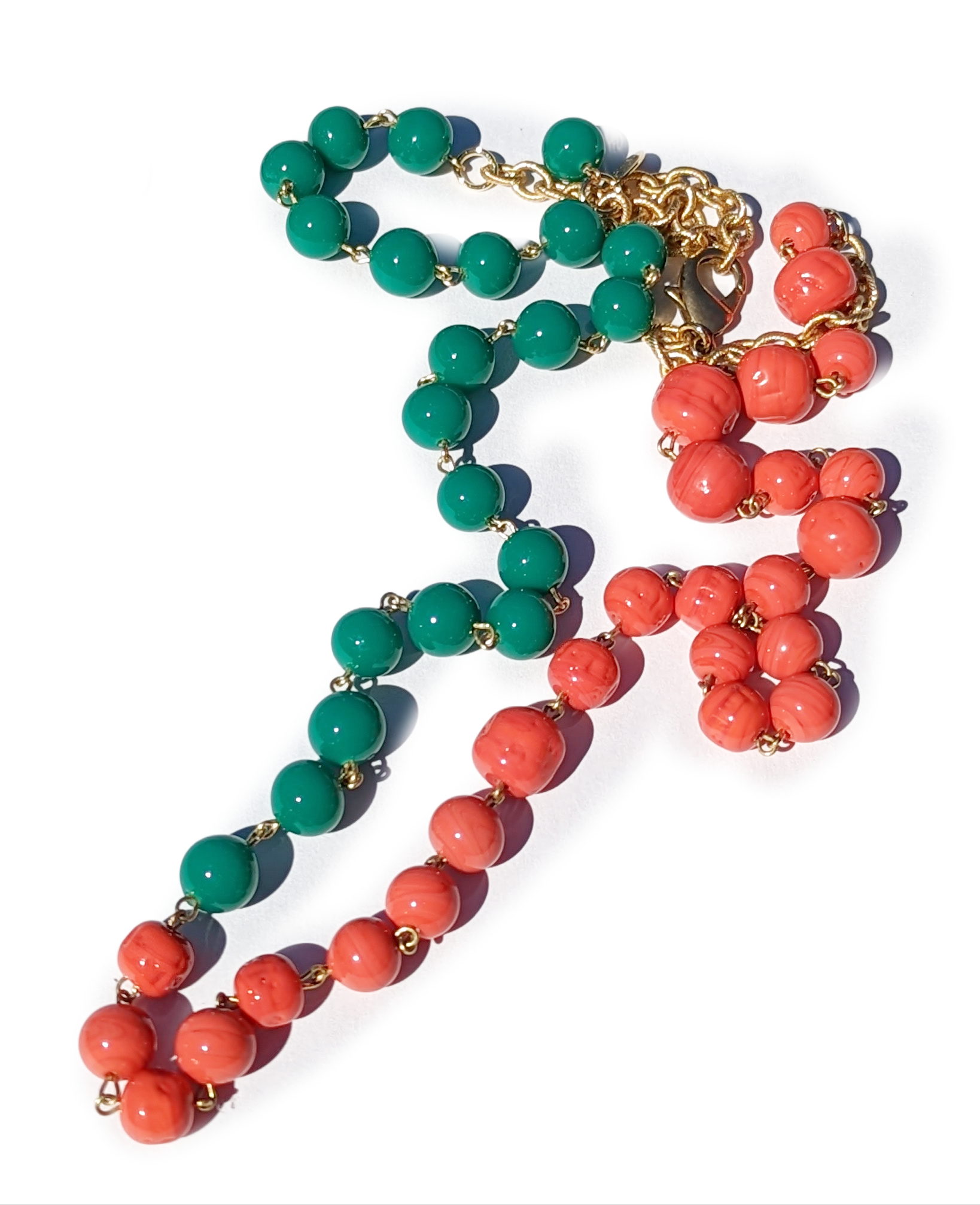 Vintage Barque Glass Coral Color + Green Beads Amazing Necklace Gay Isber one of a kind USA Made 1 of 1-Gay Isber Designs