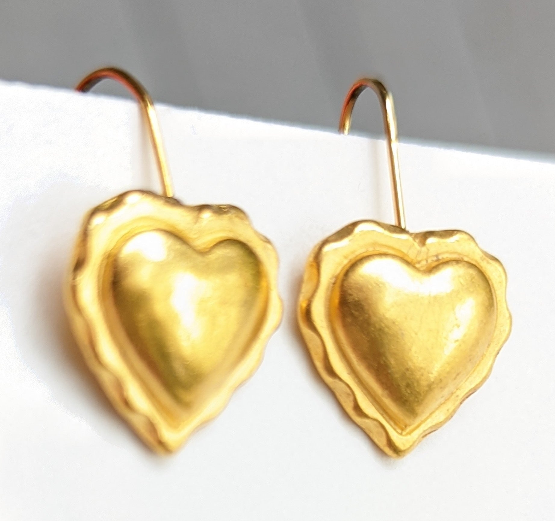 Brass Hearts Matte Gold Plated Hanging Hook Earrings USA Made Gay Isber Gift Bag-Gay Isber Designs