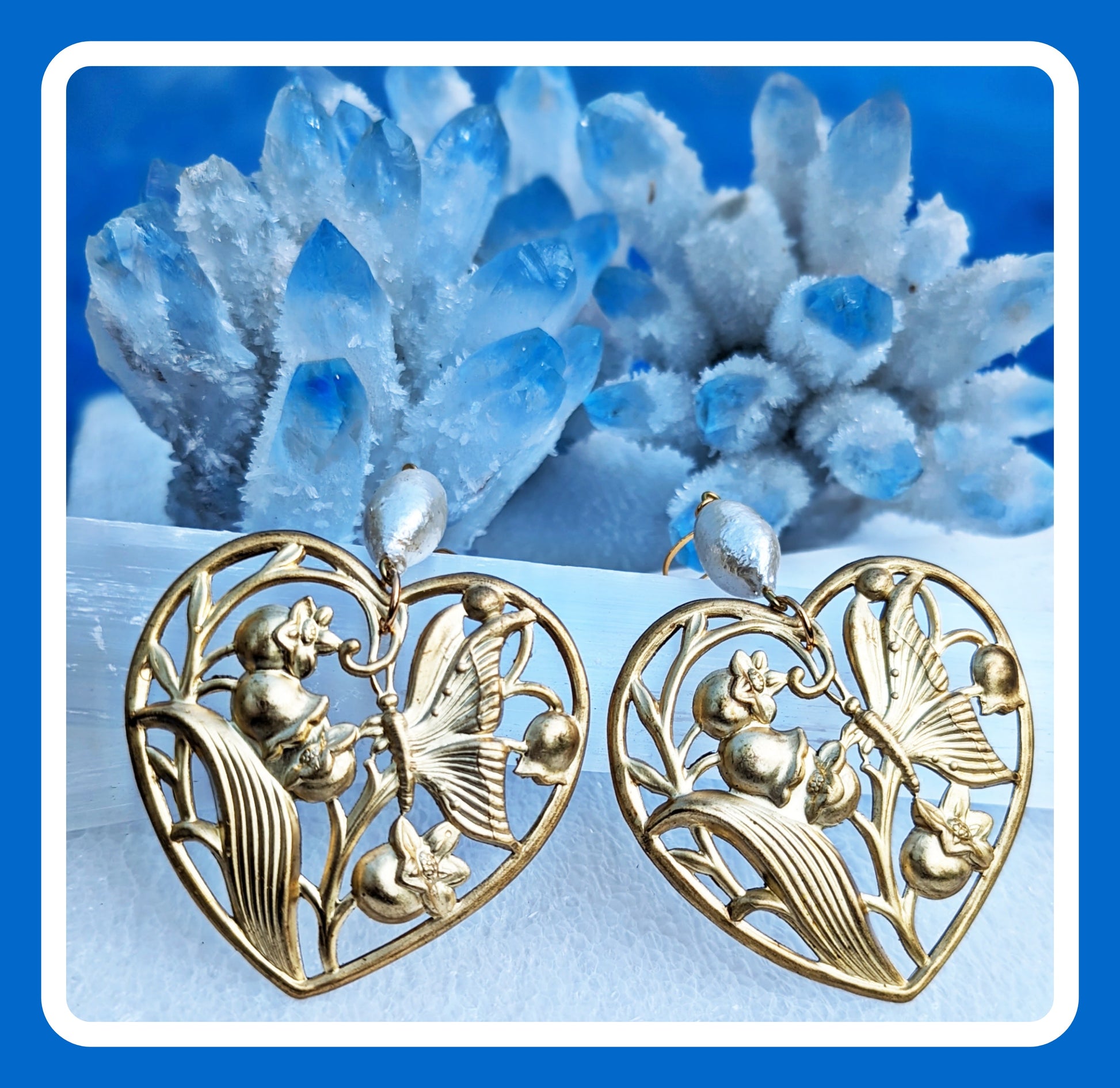 Heart Art Earrings USA Made using USA pressings Brass + Rare Cotton Pearls Gay Isber-Gay Isber Designs