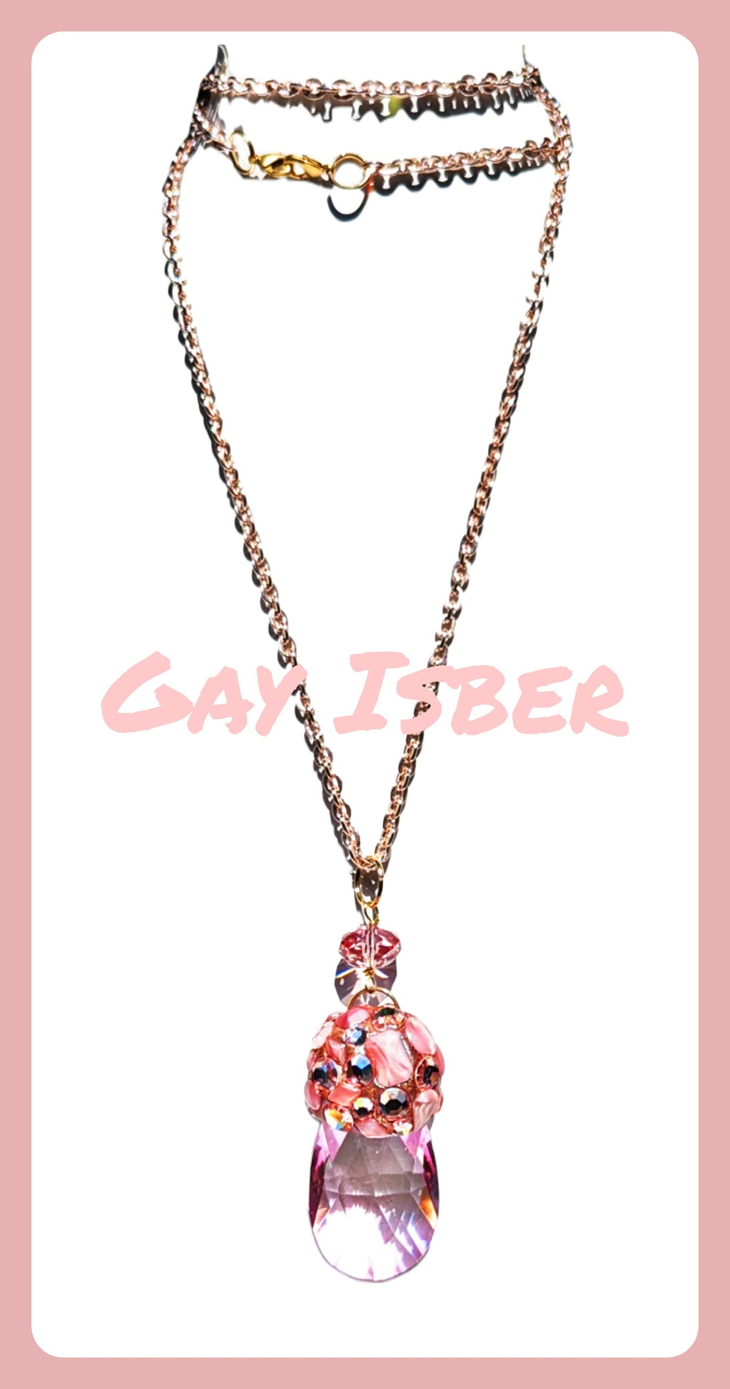 Pink Crystal pendant Pink Vintage Chain 48 inches Gay Isber Gift Box-Gay Isber Designs