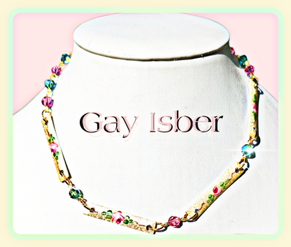 Sugar Baby Vintage Guilloche Enamel Roses + Swarovski Green Pink Beads Handlinked 16 inch Necklace Gay Isber-Gay Isber Designs