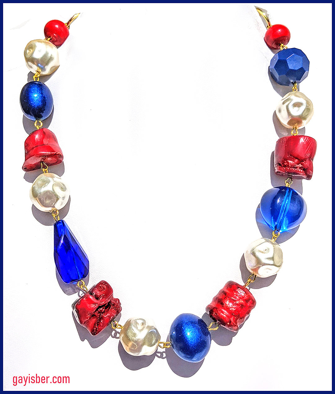 Election Collection 1-Strand of Red White Blue Vintage New Beads Handlinked Pearls 20 inches Necklace Gay Isber-Gay Isber Designs