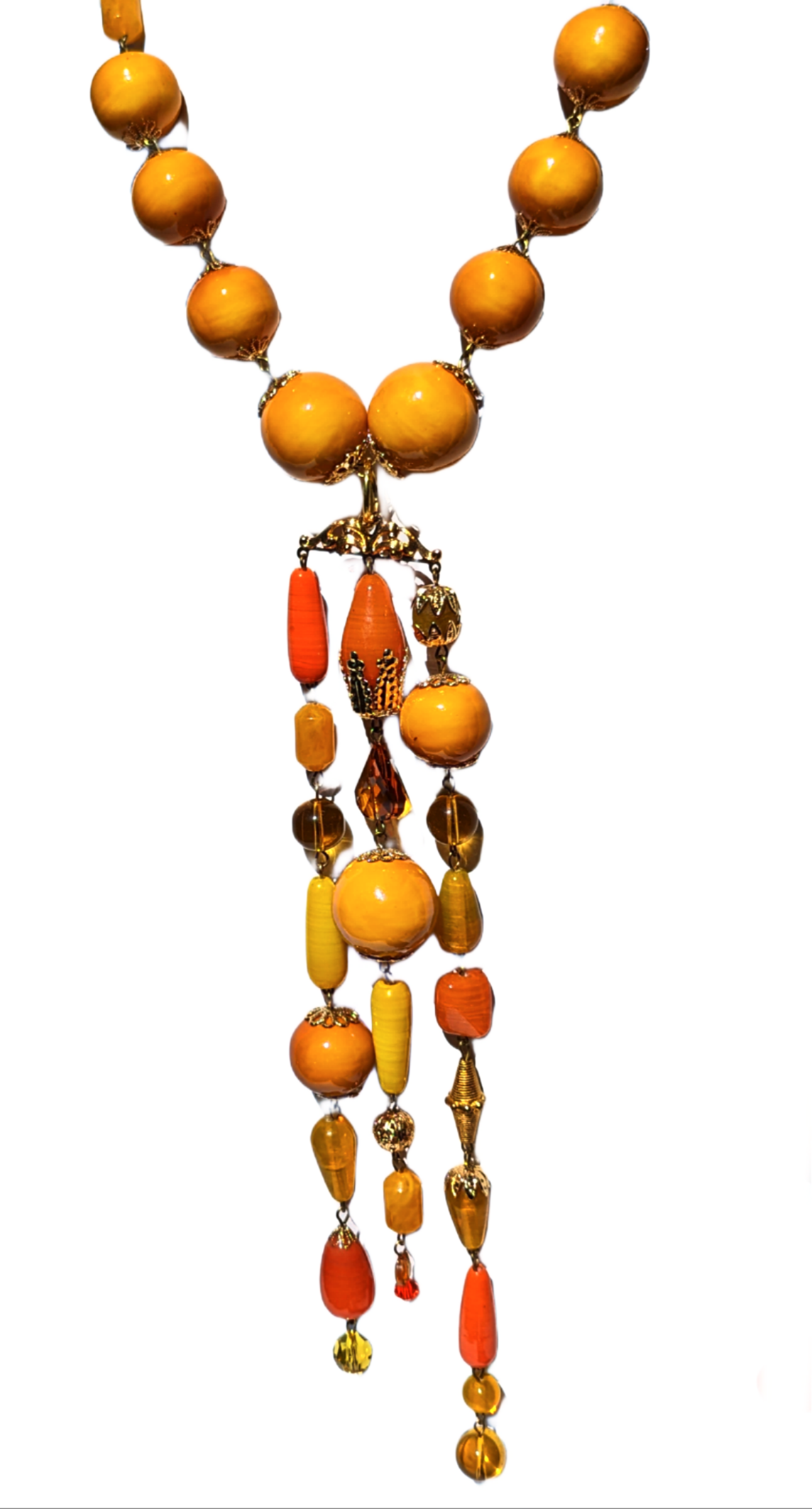 Mustard Cotton Pearls Long Tassle Necklace Gay Isber one of a kind USA-Gay Isber Designs