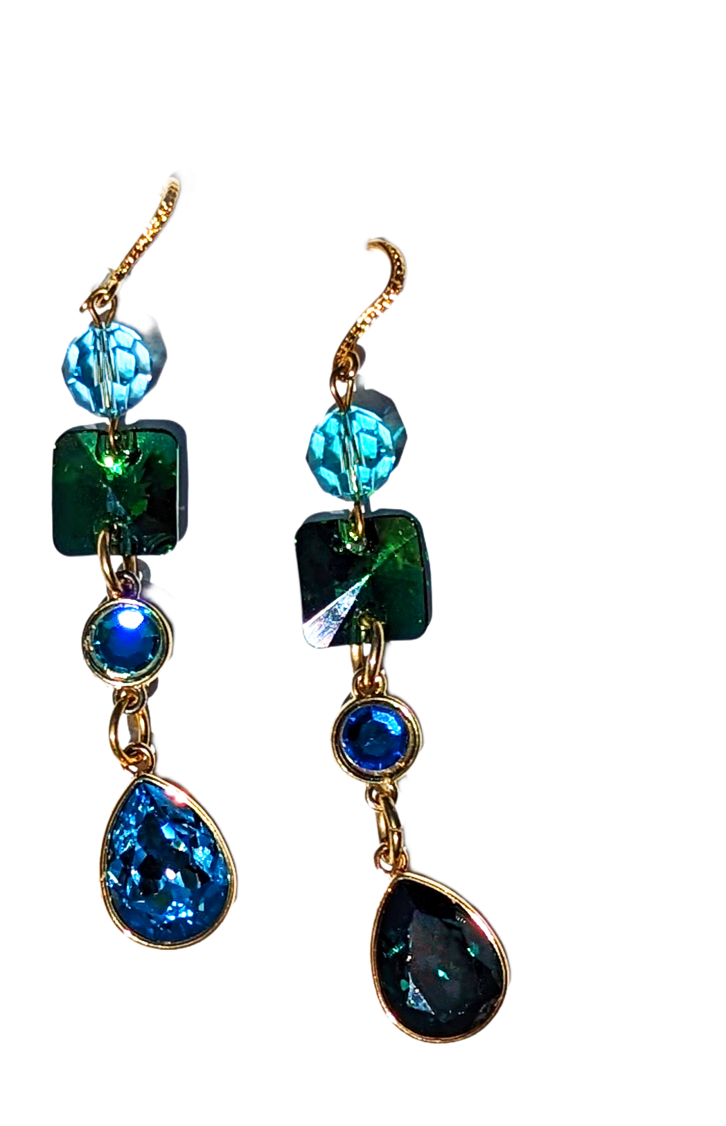 Swarovski Earrings Sparkle in multi colors Emerald, Light Turquoise, Fern Green, Capri Blue + Gold plated settings Gay Isber one of one-Gay Isber Designs