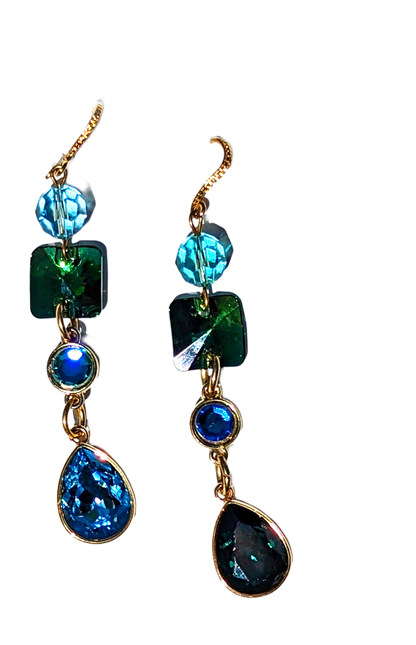 Swarovski Earrings Sparkle in multi colors Emerald, Light Turquoise, Fern Green, Capri Blue + Gold plated settings Gay Isber one of one-Gay Isber Designs