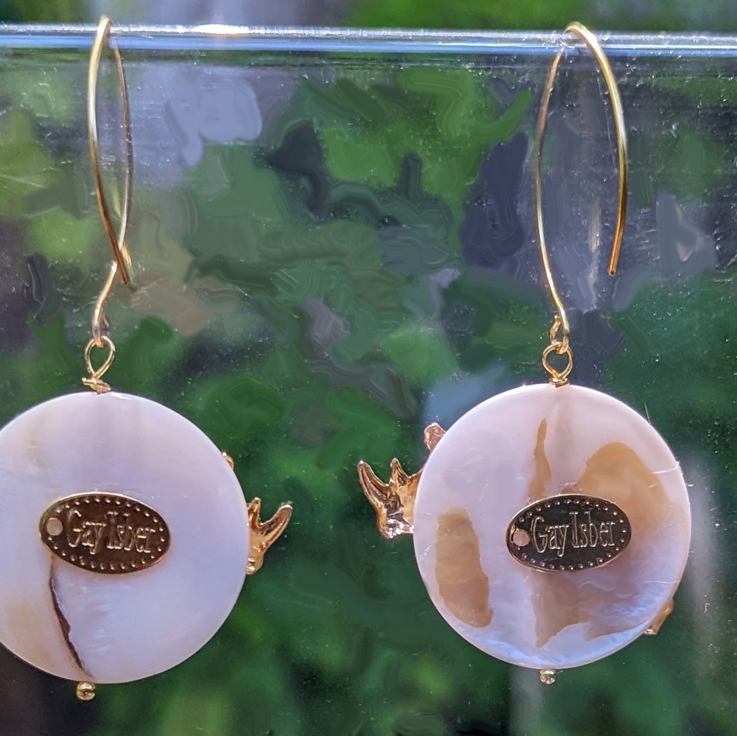 US Made Brass Rhino (Left/Right) Gold Plated Mother of Pearl disks USA Made Gold Plated Earring hooks-Gay Isber Designs