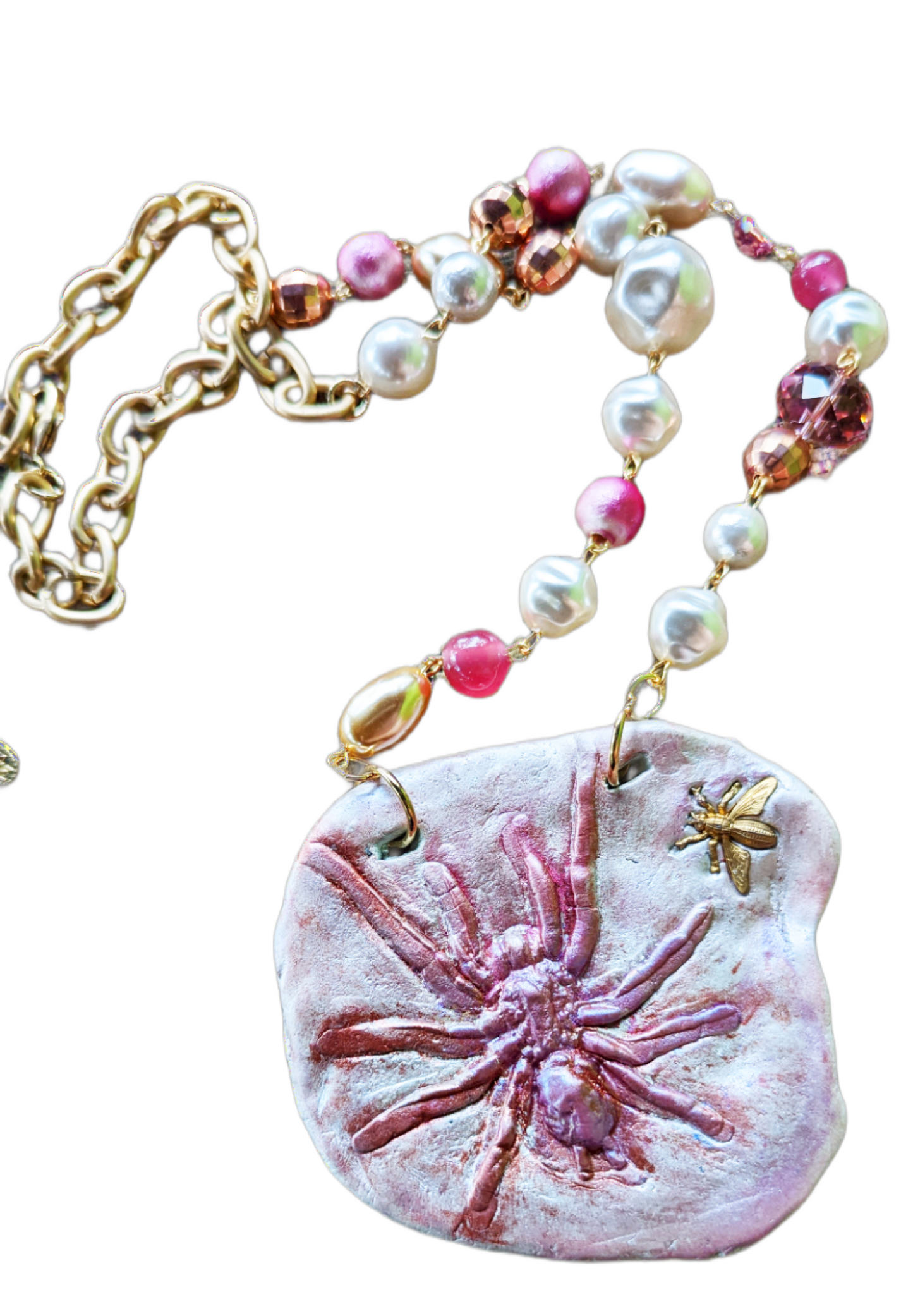 Pink Pearl Orb WeaverSpider Bug One of a Kind Art Necklace Gay Isber Adjustable Be noticed!-Gay Isber Designs