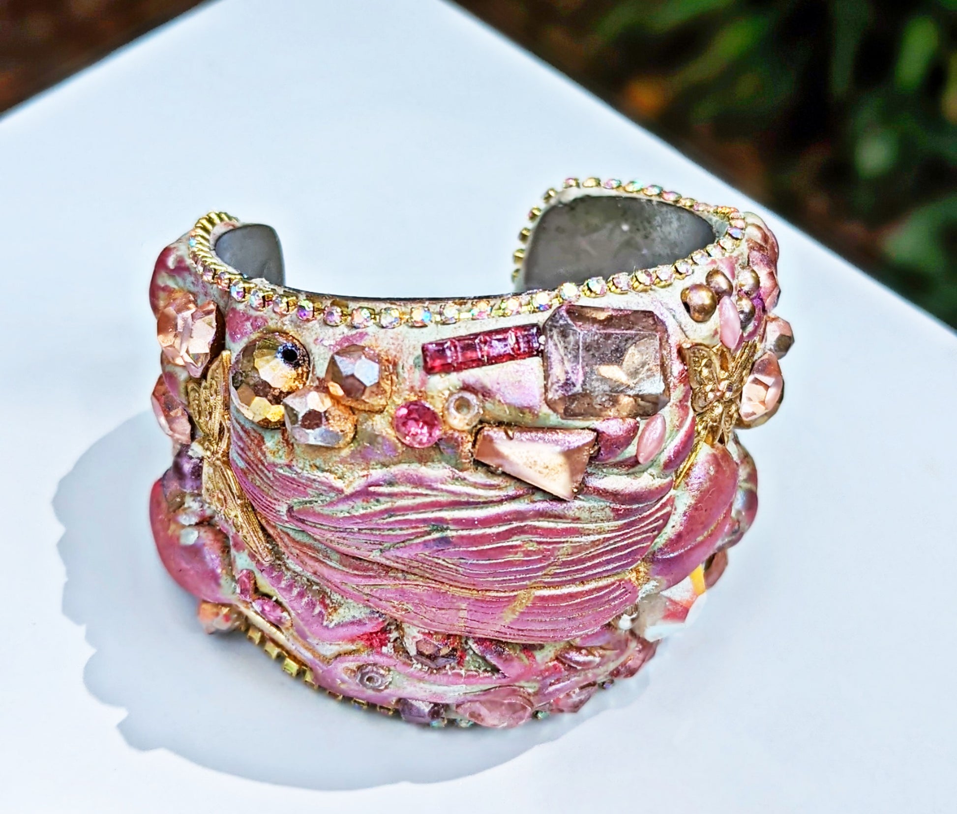 Pink and Pearl Bug Cuff Bracelet One of a Kind Art Cuff Gay Isber-Gay Isber Designs