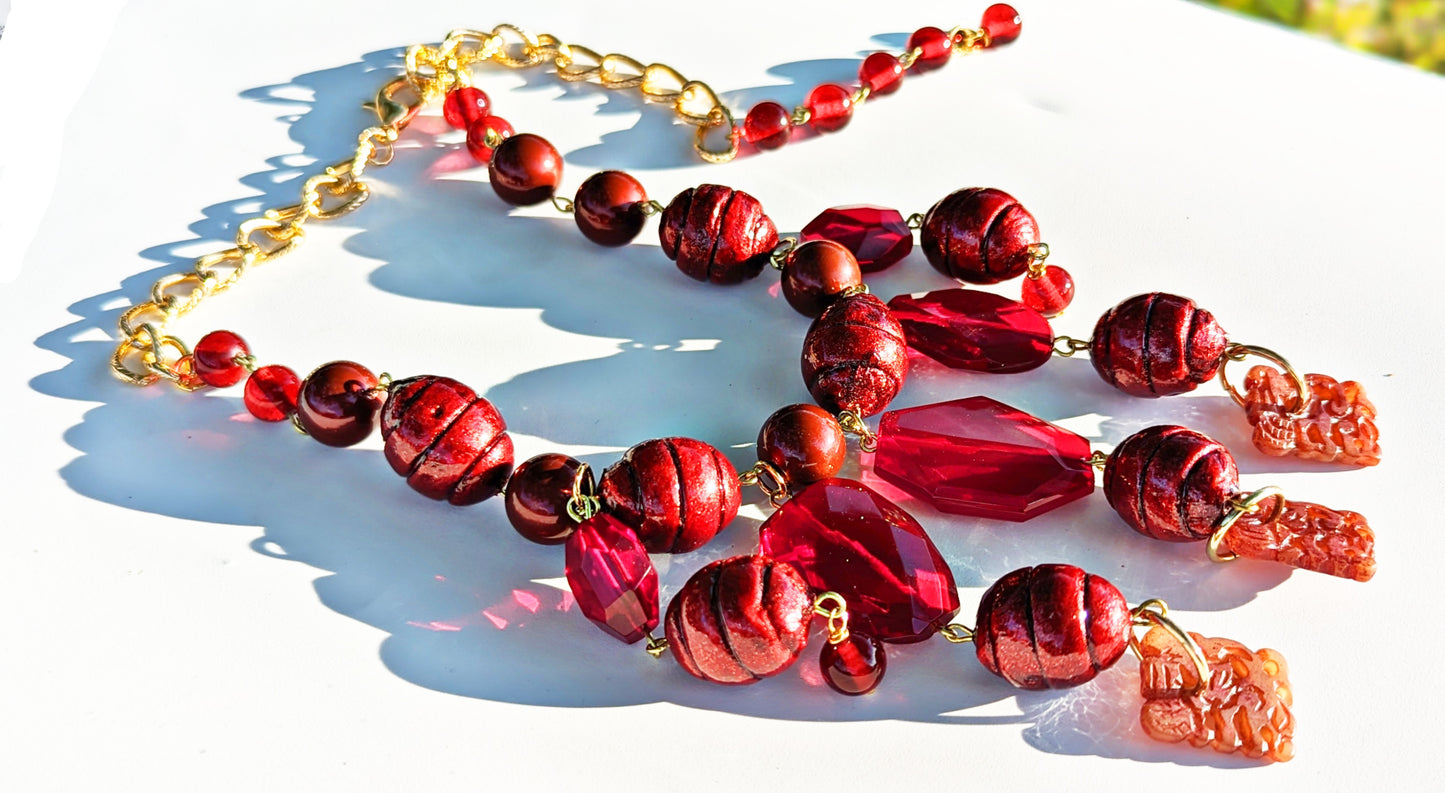 Deep Red Garnet Glass + Vintage Cotton Pearl Art Necklace Gay Isber USA 1 of 1-Gay Isber Designs