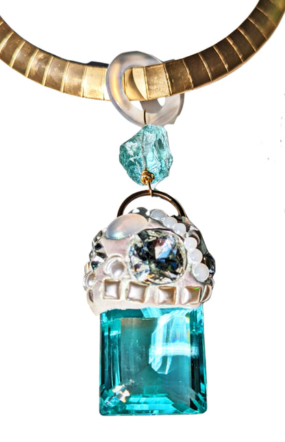 Jumbo Aqua Quartz emerald cut Pendant Collar Necklace Gay Isber One of one-Gay Isber Designs