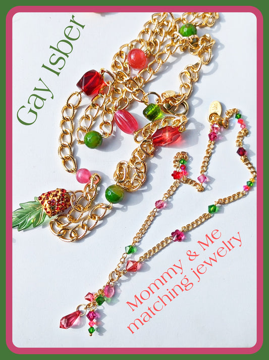 Sugar Baby Collection Mommy & Me 2 Matching - Swarovski Pink Red Green beads inset Mother Daughter Necklace Gay Isber USA 1 of 1-Gay Isber Designs